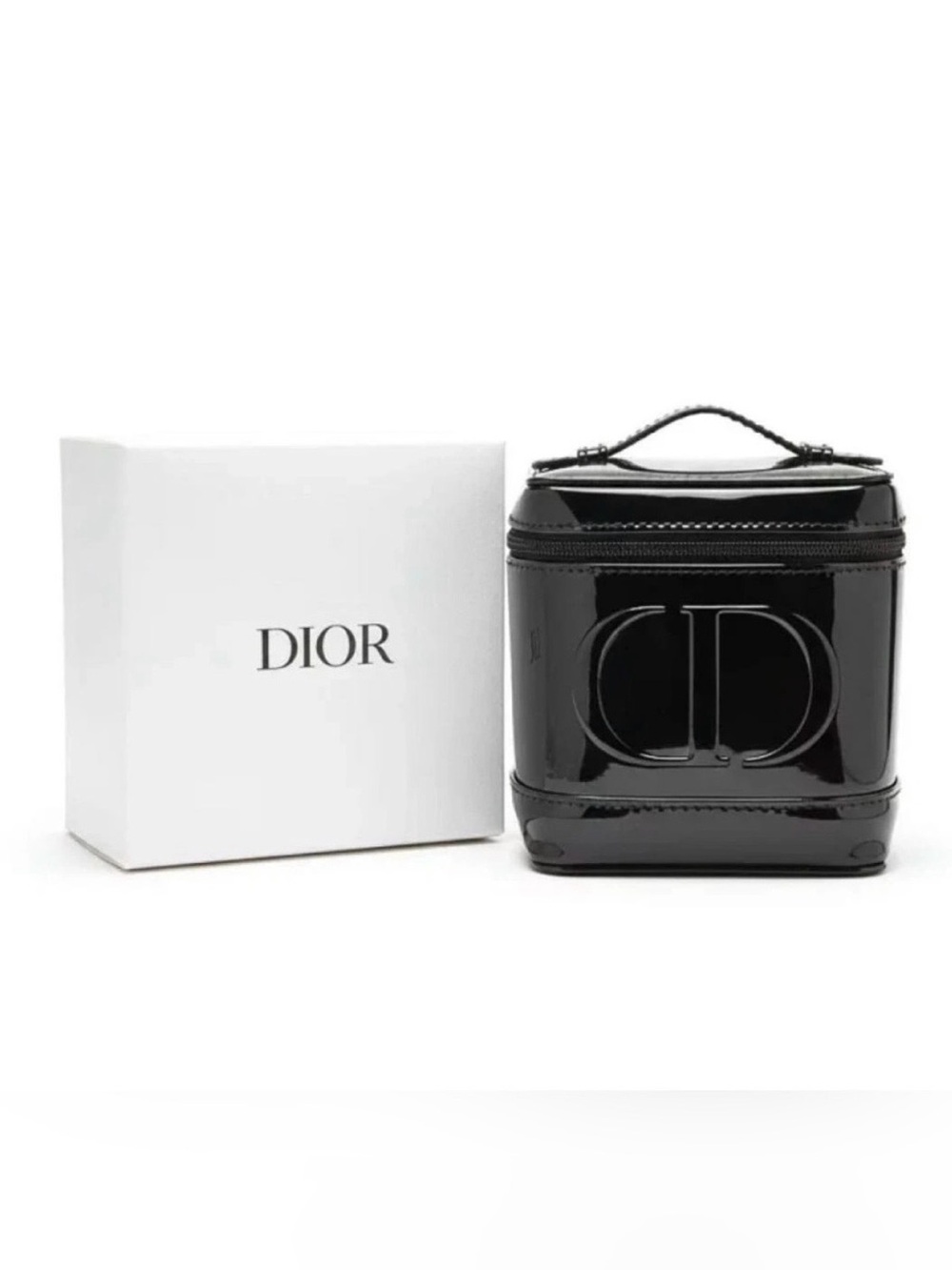 DIOR Black Patent CD Monogram Zippered Makeup Bag / Travel Case